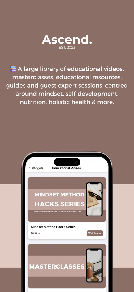 Ascend Wellness App - A mobile interface of the Ascend Wellness App showing a library of educational videos including mindset hacks and masterclasses.