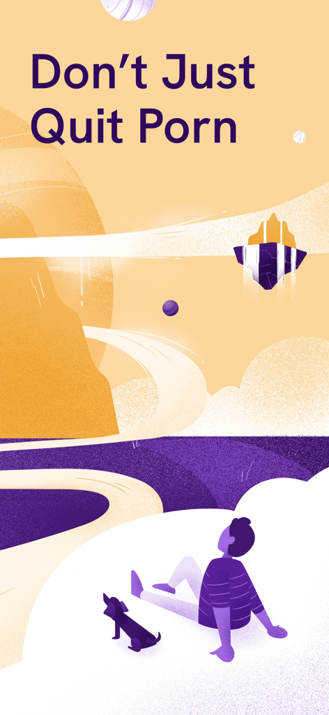 Migiri: Porn Blocker & More - Stylized illustration of a person and dog in a surreal landscape with the text Don't Just Quit Porn