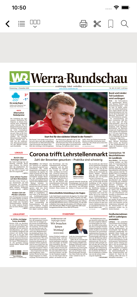 WR ePaper - Digital front page of the Werra Rundschau newspaper within the WR ePaper app