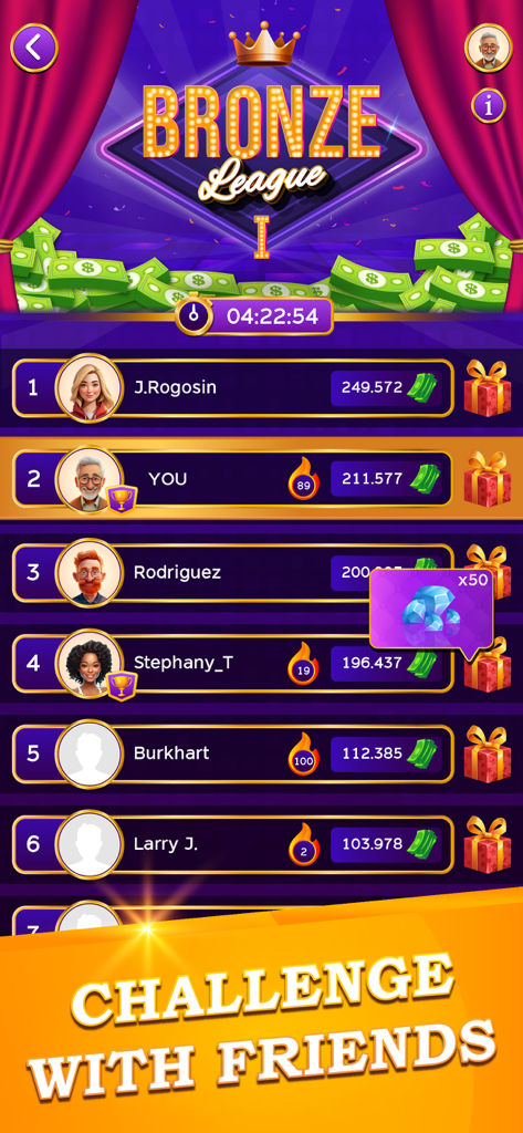 Fortune Words – Lucky Spin - Tela do placar para o jogo mobile Fortune Words mostrando os rankings e pontuações dos jogadores na Liga Bronze.