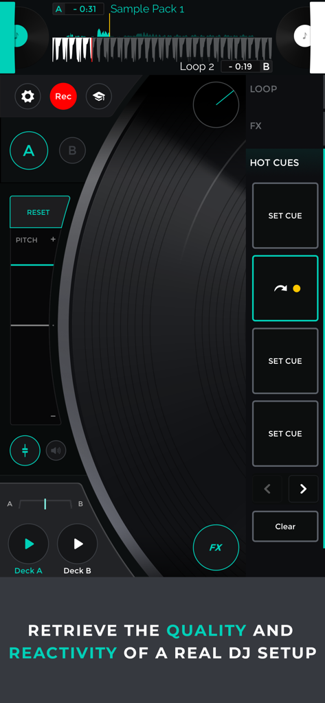 Mixfader dj app - Mixfader dj app interface featuring a virtual vinyl record and professional scratching controls