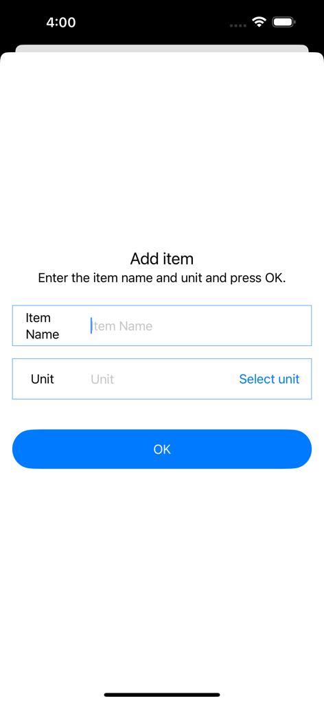 Blood Test result management - Manual entry screen for adding a new blood test item name and unit