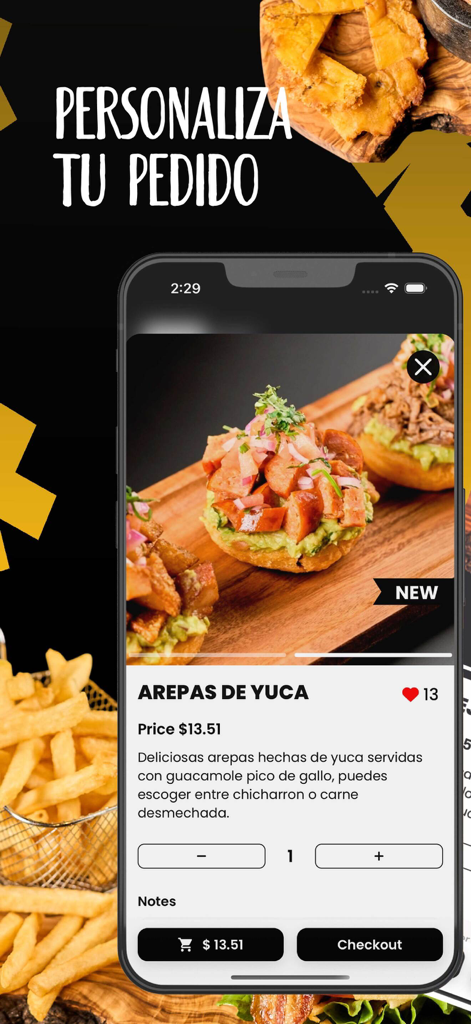 Monchy's Fast Food - Monchys Fast Food mobile app interface showing a menu for Arepas de Yuca with customization options