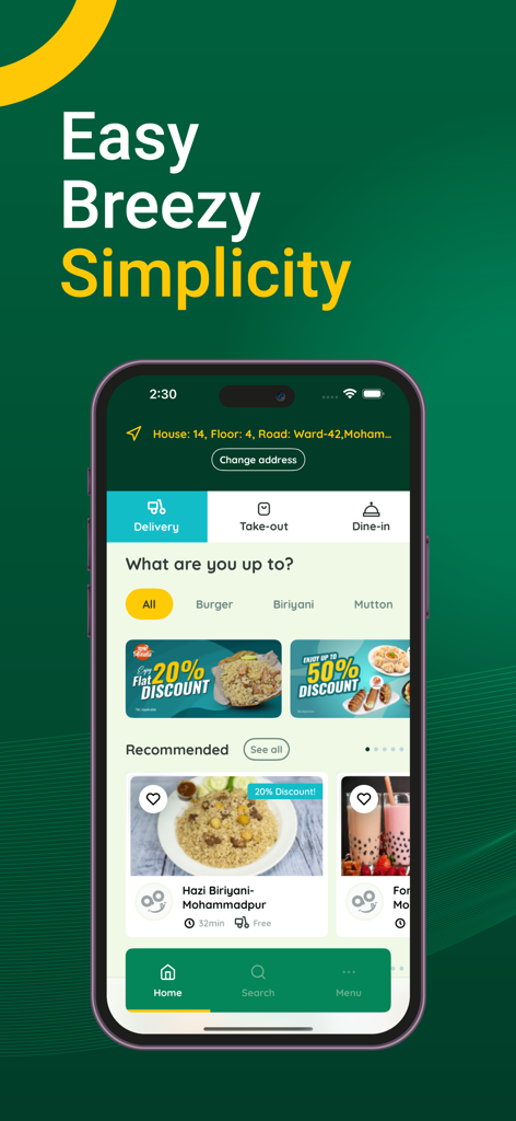 KhaoDao - KhaoDao app home screen showing food delivery and take-out options with restaurant discounts