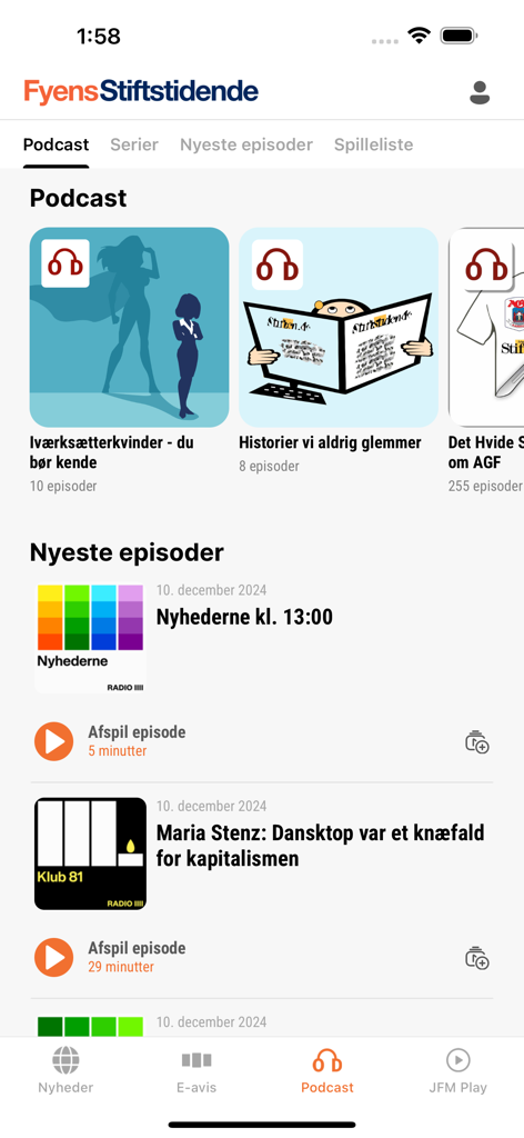 Fyens Stiftstidende - A screenshot of the podcast section in the Fyens Stiftstidende news app showing various audio programs.