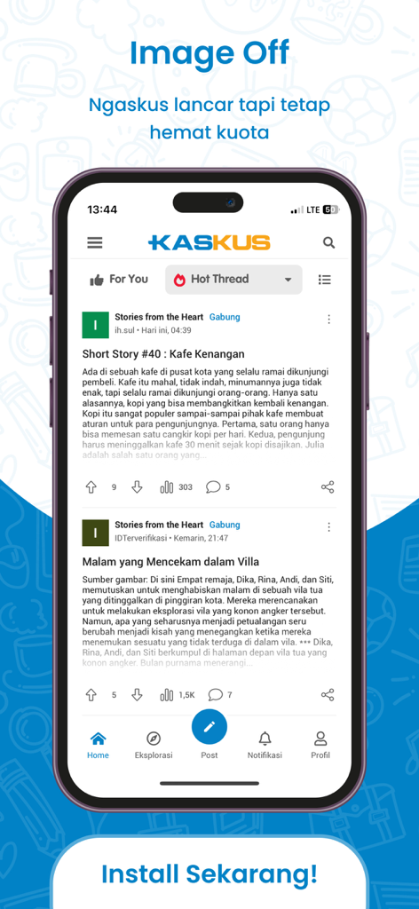 KASKUS Forum: Hobi & Komunitas - Screenshot of KASKUS Forum app with Image Off mode enabled for saving data while browsing threads.