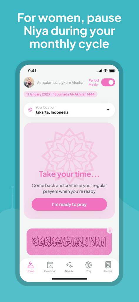 Niya app screen showing the period mode feature for Muslim women to pause prayer tracking.