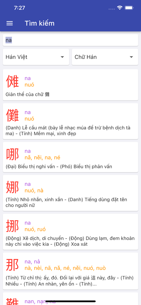 Lantern Dict - Từ điển chữ Hán - Pantalla de resultados de búsqueda en Lantern Dict mostrando caracteres chinos con traducciones Han Viet y Pinyin