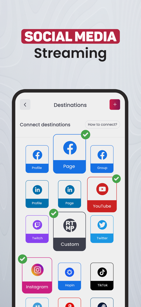 OneStream Live - Interface de l'application OneStream Live montrant diverses plateformes de médias sociaux à connecter pour le multistreaming, y compris Facebook, YouTube et LinkedIn.