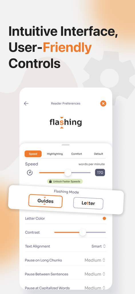 Interfaz de usuario de la aplicación Stage Reader mostrando preferencias del lector y configuraciones de lectura rápida