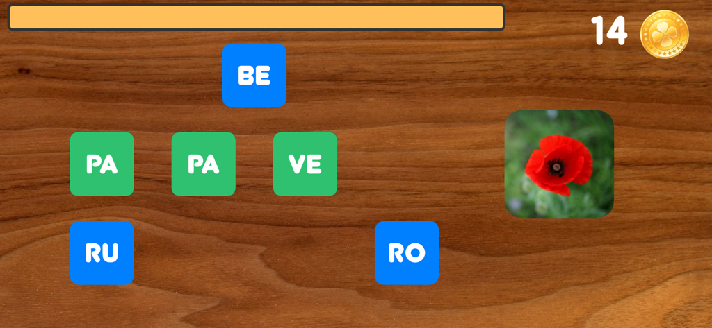 Scrivere con le sillabe Pro - Educational game screen showing Italian syllable tiles to spell the word papavero next to a poppy image.