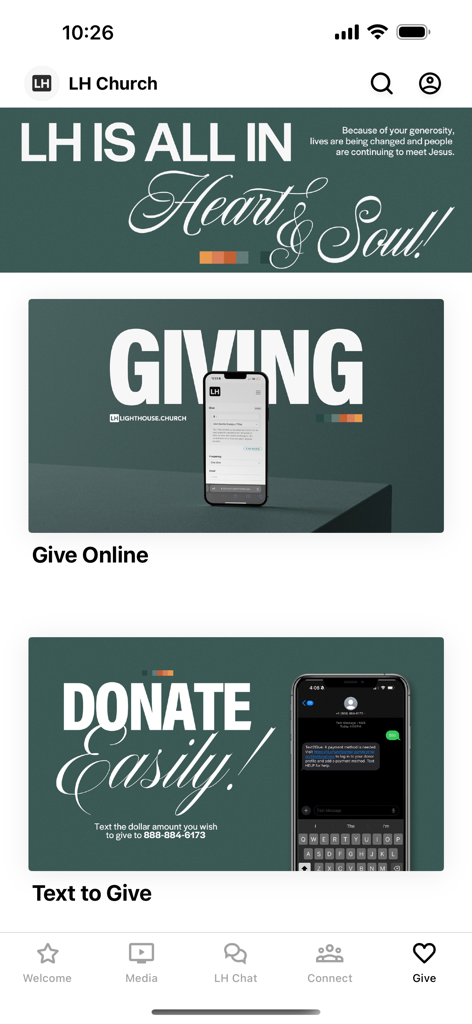 Lighthouse Church App - Lighthouse Church App donation screen featuring online and text giving options