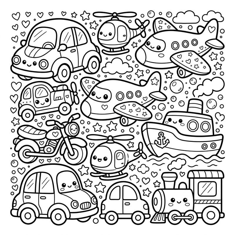 Get ready for an explosion of cuteness with this charming Kawaii vehicles coloring page. Featuring happy cars, soaring planes, friendly helicopters, and more, it's perfect for a delightful coloring session.