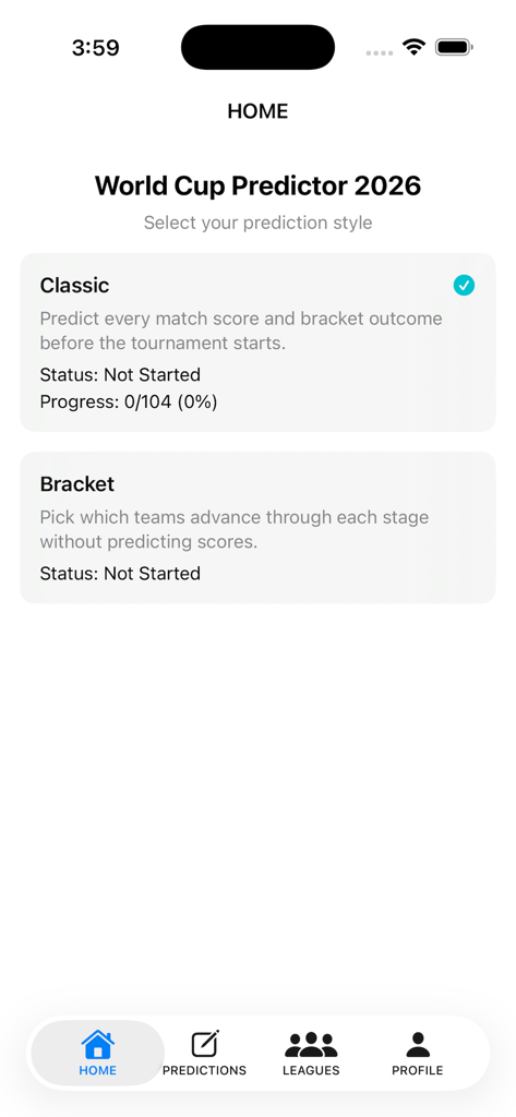 WC 2026 Predictor - Selection screen for Classic and Bracket prediction modes in the WC 2026 Predictor app.