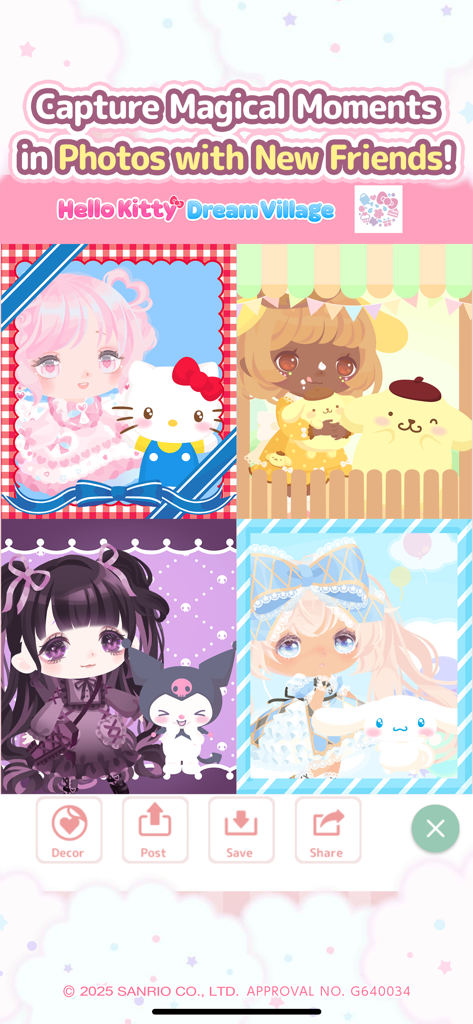 ハローキティ、ポムポムプリン、クロミ、シナモロールなどのサンリオキャラクターと一緒にポーズをとる4つの異なるカスタマイズされたアバターをコラージュにした画像。