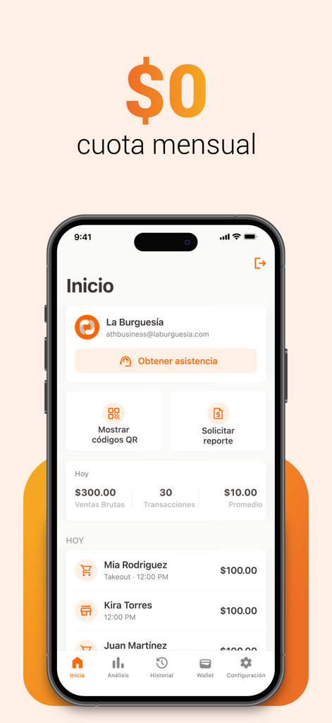 ATH Business mobile app home screen showing a zero monthly fee and daily sales dashboard with transaction history