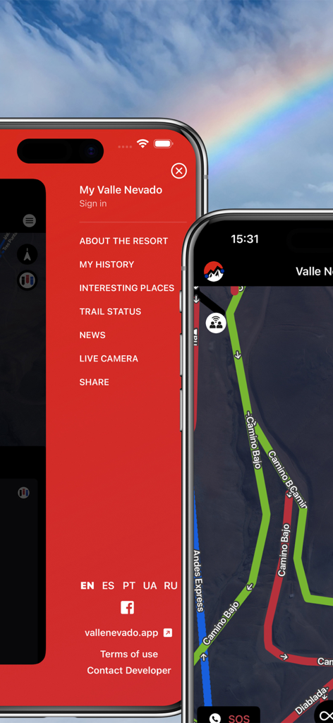 Valle Nevado Ski - Valle Nevado Ski app displaying its navigation menu and interactive trail map.
