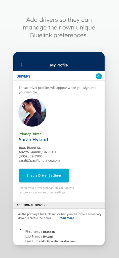 Profile management screen in the MyHyundai app showing primary and secondary driver settings and contact information.