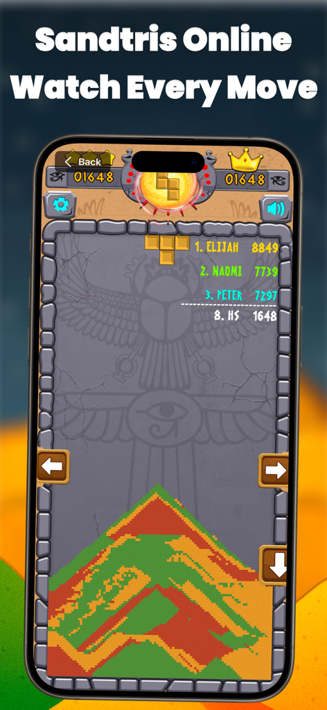 Sand Crush- Block Puzzle Blast - 다채로운 모래 퍼즐과 온라인 리더보드를 보여주는 Sand Crush 모바일 게임 스크린샷