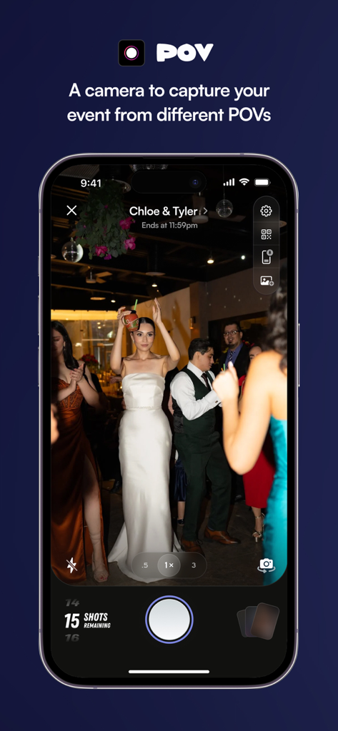 POV – Disposable Camera Events - POV digital disposable camera app capturing a wedding party scene