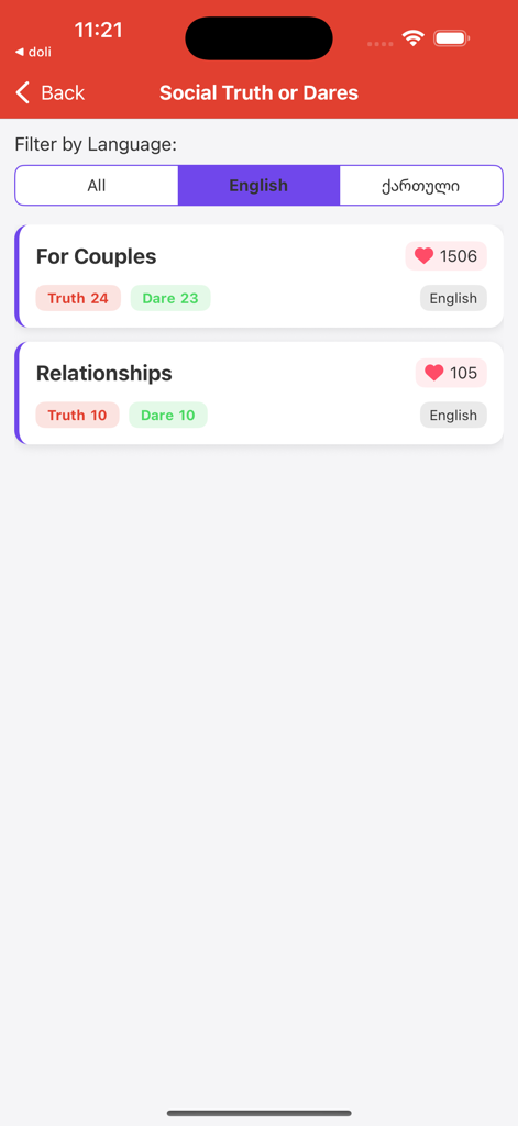 Truth or Dare Play Online - Interface de l'application Vérité ou Conséquence montrant des catégories sociales pour les couples et les relations avec les comptes de likes et les filtres de langue.