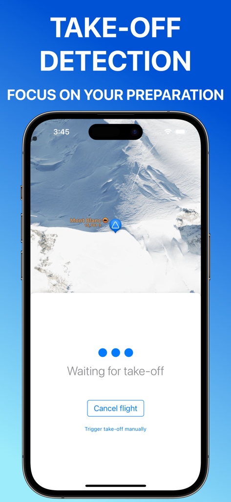 Paragliding Tracker: Wingman - iPhone screen displaying the Wingman app interface for automatic paragliding takeoff detection over a snowy mountain map