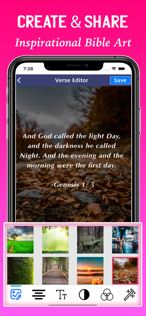 Catholic Holy Bible with Audio - Catholic Bible app verse editor interface creating inspirational Bible art with a verse over a background image