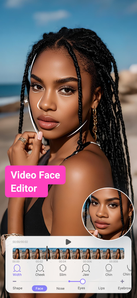 Eine mobile App-Oberfläche, die Video-Gesichtsbearbeitungsfunktionen auf einem Porträt einer Frau mit Zöpfen demonstriert