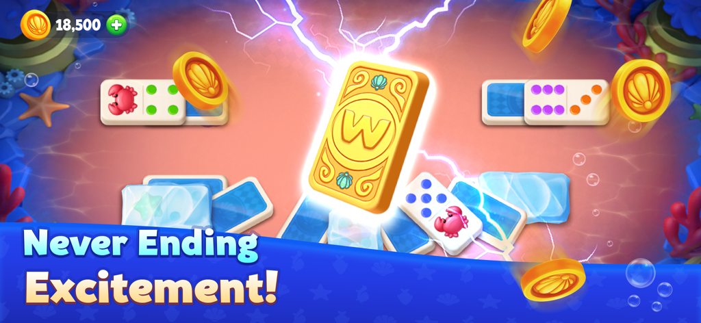 Domino Ocean : Solitaire Tiles - Una ficha comodín dorada brillando con relámpagos en un juego de solitario de dominó submarino