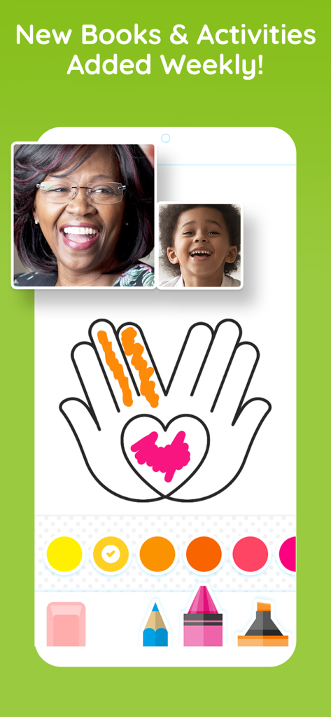 A grandmother and child laughing during a virtual playdate while coloring a heart together on the Caribu app