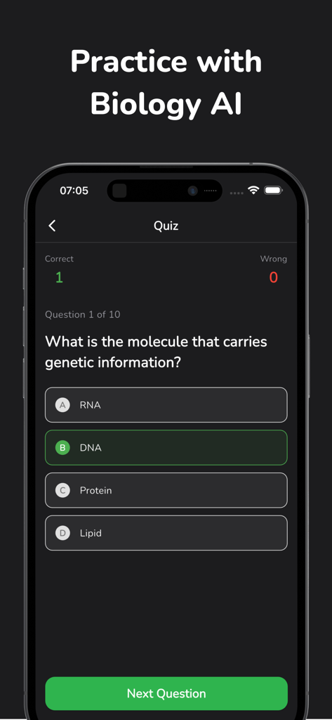 Biology AI: Homework Helper - A biology quiz question about DNA on the Biology AI app interface