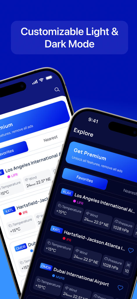 Comparison of light and dark mode interfaces for the Aviation Weather app showing METAR and TAF data