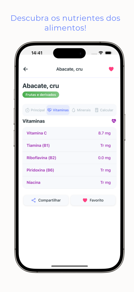 Taco Tabela - Taco Tabela mobile app screen showing vitamin nutritional values for raw avocado