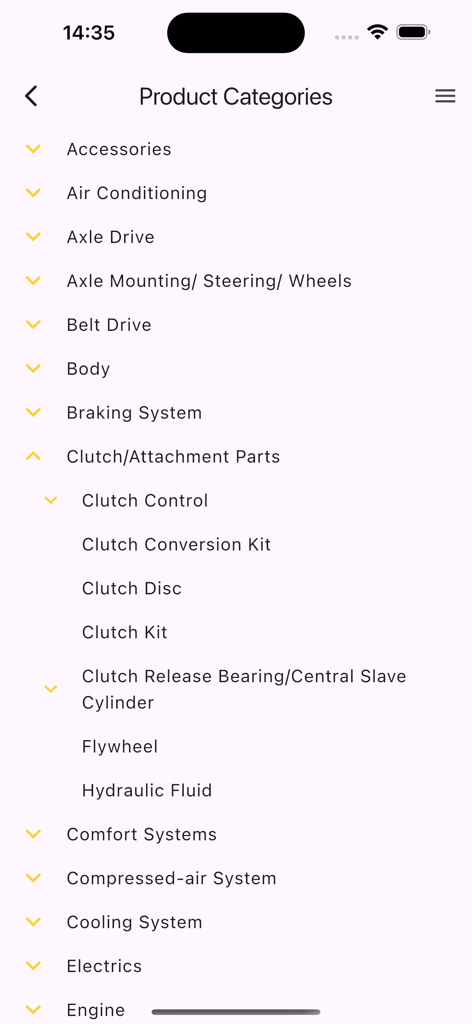 KPARTS - Auto Parts Catalogs - Mobile app screen showing a hierarchical list of automotive product categories such as clutch and engine parts