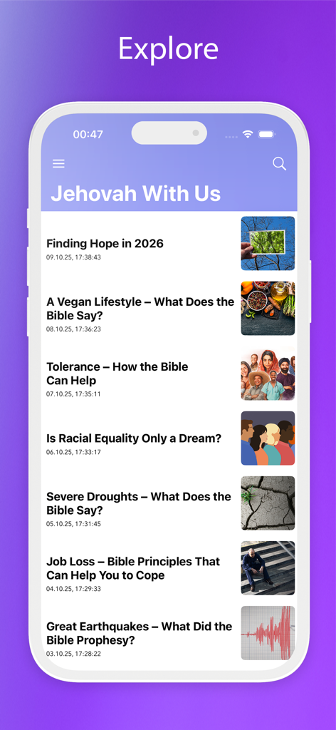 Library Online 2026 - A screenshot of the Explore section in the Library Online 2026 app showing a list of Bible-based articles on topics like hope, lifestyle, and social issues.
