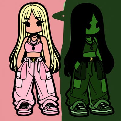 girl in baggy pants crop top and long hair