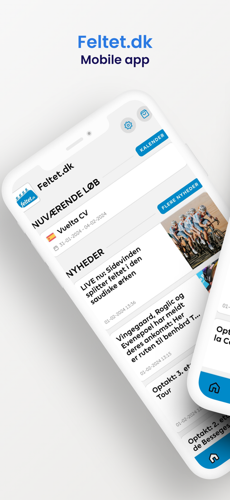 Feltet.dk - Interface of the Feltet.dk mobile app showing current cycling races and professional news articles
