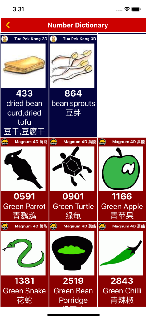 4D Result - Live 4D Lottery - Lottery number dictionary interface displaying images like a green parrot and snake with corresponding 4D numbers for dream interpretation