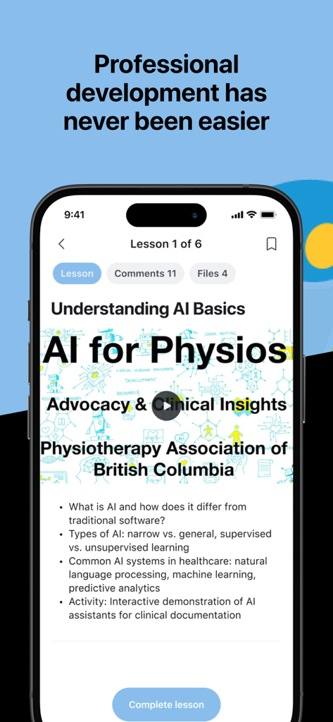 BC Physio Online Community - Uma lição de desenvolvimento profissional sobre noções básicas de IA para fisioterapeutas dentro do aplicativo.