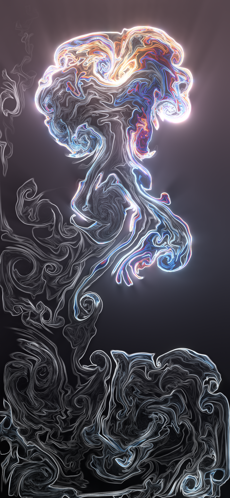 Fluid Simulation - Una simulación de fluidos colorida y brillante con intrincados patrones arremolinados sobre un fondo oscuro.