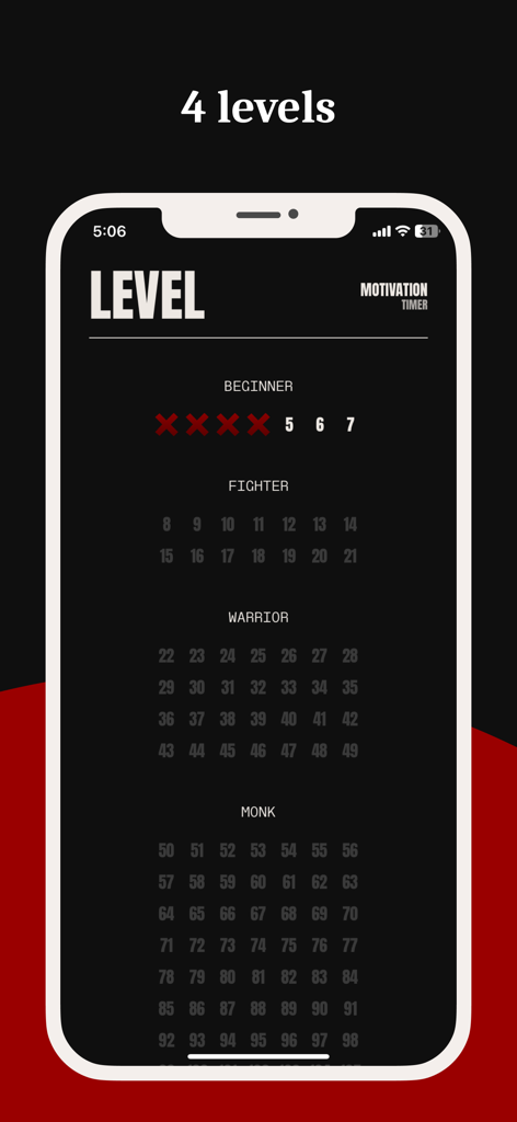 Wake Up: Quit Porn for 7 Days - Ein Screenshot, der die vier Fortschrittsstufen der Wake Up App zeigt: Anfänger, Kämpfer, Krieger und Mönch.