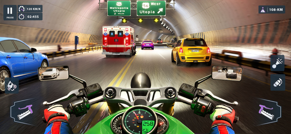 Moto World Tour: Bike Racing - First-person perspective of a motorcycle rider racing through a highway tunnel in Moto World Tour