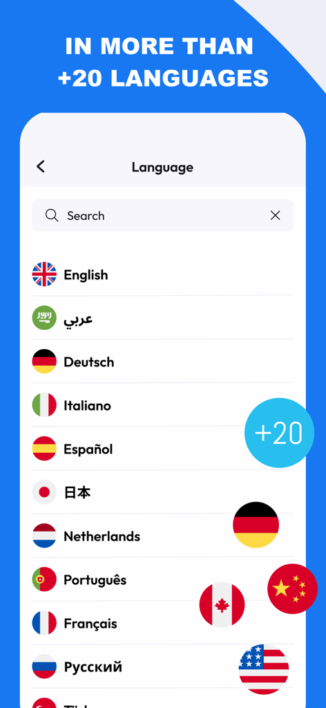 Scan Cam: Docs PDF Scanner App - Pantalla de la aplicación Scan Cam que muestra una lista de más de veinte idiomas admitidos con banderas nacionales.