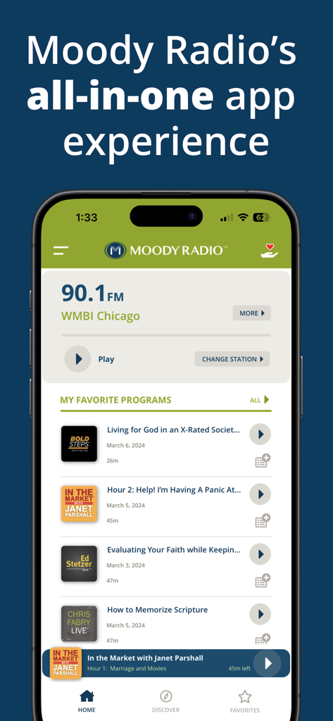 Moody Radio mobile app home screen showing live Christian radio and favorite programs