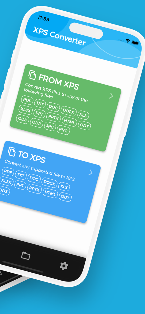 XPS Converter, XPS to PDF - XPSコンバーターアプリの画面。XPSファイルとの間で、PDFやDOCXなどのさまざまな形式に変換するオプションが表示されています。