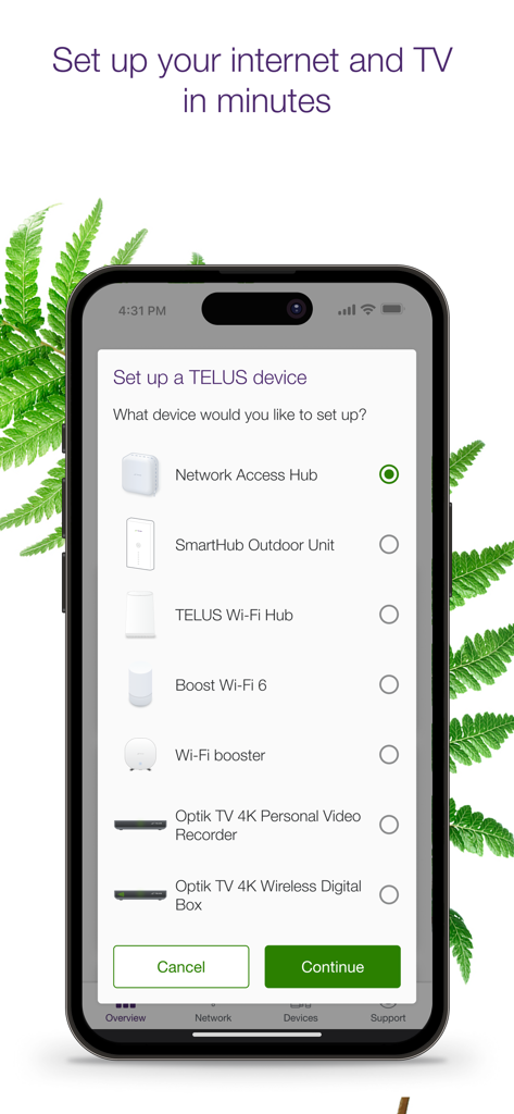 Interface of the TELUS Connect app showing options to set up network and TV devices like the Network Access Hub and Optik TV boxes.
