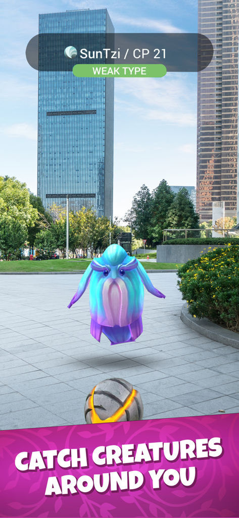 Draconius GO: Catch a Dragon! - Augmented reality view of catching a magical creature in a city plaza in Draconius GO