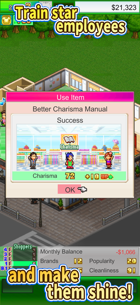 Interfaccia di gioco retrò in pixel art che mostra un addestramento di successo del carisma dei dipendenti in Pocket Clothier