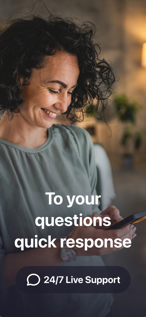 VPN - Best & Fast & Unlimited - A woman smiling while using her smartphone highlighting 24/7 live support for FixVPN