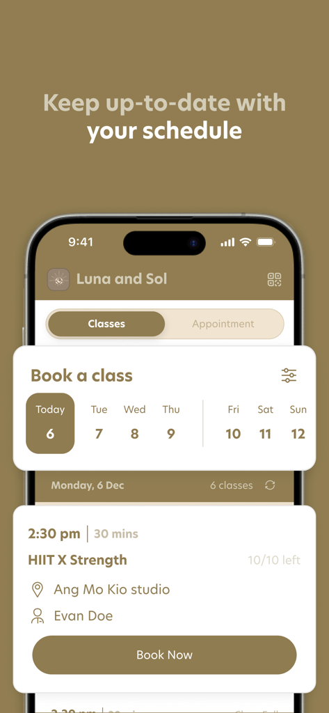 Luna & Sol: Pilates & Yoga - Luna & Sol app screen showing a class booking schedule with HIIT X Strength session.